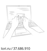 Hands holding plastic deposit bank card in front of laptop screen. Credit card payment concept. 24 hour e-commerce. Online shopping and investment. Sketch, linear contour drawing in minimalist style. Руки держат пластиковую депозитную банковскую карту перед экраном ноутбука. Концепция оплаты кредитной картой. Круглосуточная электронная коммерция. Интернет-магазины и инвестиции. Эскиз, линейный контурный рисунок в минималистском стиле. Стоковая иллюстрация, иллюстратор Dmitry Domashenko / Фотобанк Лори