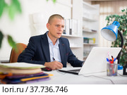 Office employee focused on working with laptop and papers. Стоковое фото, фотограф Яков Филимонов / Фотобанк Лори