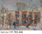 Spring, a young couple embracing against the background of a winter landscape.The cozy courtyard is covered with snow, the last fluffy snow falls on a large spreading tree and the kindergarten building. Стоковая иллюстрация, иллюстратор жуковский михаил александрович / Фотобанк Лори
