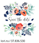 Invitation card with hand-drawn blue paper envelope, red and white anemones, mint leaves, blue berries. Стоковая иллюстрация, иллюстратор Денисова Анастасия / Фотобанк Лори
