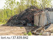 Copper cables for reworking. Processing industry, a pile of old scrap metal, ready for recycling. Scrap metal recycling. Scrap copper cable for reworking. Processing industry, a pile of old scrap. Стоковое фото, фотограф Руслан Лесков / Фотобанк Лори