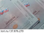 Дипломы о профессиональной переподготовке с приложениями лежат на столе. Стоковое фото, фотограф Ольга Козловская / Фотобанк Лори