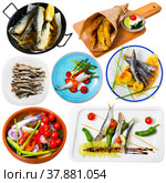 Assorted dishes from small fish - sprat, hamsa, anchovy, sardines. Стоковое фото, фотограф Яков Филимонов / Фотобанк Лори