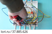 Electrical work on installation of consumer unit of fuse box with automatic switches in household electrical network. Стоковое видео, видеограф Владимир Григорьев / Фотобанк Лори