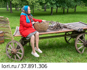 Деревенская женщина едет на ярмарку за товарами на старой деревянной телеге.  Реконструкция сельского образа жизни. Стоковое фото, фотограф Александр Бушков / Фотобанк Лори