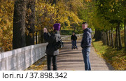 Петергоф осенью. Люди прогуливаются по аллеям Нижнего парка. Peterhof in autumn, people are walking in the alleys of the Nizhniy Park. (2021 год). Редакционное видео, видеограф Евгений Романов / Фотобанк Лори