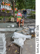 Рабочий плиточник укладывает тротуарную плитку у входа в аптеку (2020 год). Редакционное фото, фотограф Александр Бушков / Фотобанк Лори