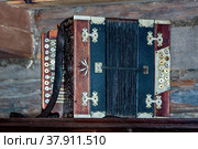 An old squeezebox (also squeeze box, squeeze-box). Musical instrument. Стоковое фото, фотограф Denis Shitikoff / Фотобанк Лори