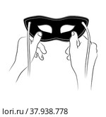 Hand holds mask. Concept of changing natural personality to conform to social requirements and pressure. People hiding faces behind social masks with fake emotions. Psychological problem. Sketch. Рука держит маску. Концепция изменения естественной личности в соответствии с социальными требованиями и давлением. Люди прячут лица за социальными масками с фальшивыми эмоциями. Психологическая проблема. Эскиз. Стоковая иллюстрация, иллюстратор Dmitry Domashenko / Фотобанк Лори