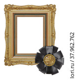 Golden frame with black mourning ribbon for paintings, mirrors or photo isolated on a white background. Design element with clipping path. Стоковое фото, фотограф Елена  Попкова / Фотобанк Лори