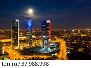 Night view of the four towers of the business district in Madrid. Стоковое фото, фотограф Яков Филимонов / Фотобанк Лори