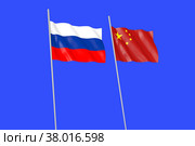 Развевающиеся флаги России и Китайской Народной Республики на синем фоне. Стоковая иллюстрация, иллюстратор Александр Селин / Фотобанк Лори