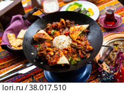 Sauteed lamb with vegetables Choban Kavurma served with rice. Стоковое фото, фотограф Яков Филимонов / Фотобанк Лори