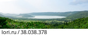 Natural landscape of Kunashir island, view of the Golovnin volcano caldera with hot lakes. Стоковое фото, фотограф Евгений Харитонов / Фотобанк Лори