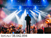Concert of american musician David Arthur Brown and symphony orchestra "The Other Band" under bright scenic spotlights (2018 год). Редакционное фото, фотограф Евгений Ткачёв / Фотобанк Лори