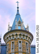 Russia, Samara region, September 2021: Stone tower in the neo-Gothic style at the Garibaldi castle. The village of Khryashchevka. Редакционное фото, фотограф Акиньшин Владимир / Фотобанк Лори