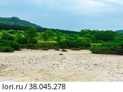 Landscape of Kunashir island, tephra beach of a hot lake at the bottom of Golovnin volcano caldera. Стоковое фото, фотограф Евгений Харитонов / Фотобанк Лори
