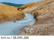 Hot hydrogen sulfide stream among the banks of volcanic ash and tephra in the caldera of Golovnin volcano, Kunashir island. Стоковое фото, фотограф Евгений Харитонов / Фотобанк Лори