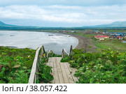 View of the bay of Yuzhno-Kurilsk on the island of Kunashir from a high cape, in the foreground a wooden sidewalk with a ladder. Стоковое фото, фотограф Евгений Харитонов / Фотобанк Лори