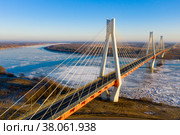 Aerial view of the cable-stayed Murom bridge over the Oka river. Стоковое фото, фотограф Яков Филимонов / Фотобанк Лори