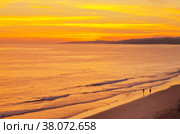 Picturesque bright golden sunset on the sandy seashore of the Atlantic Ocean. Natural summer background. Beautiful beach landscape. View from above (2012 год). Стоковое фото, фотограф Виктория Катьянова / Фотобанк Лори