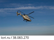 Волгоградская область, Городищенский район, Россия. Медицинский вертолёт «Ансат» Центра медицины катастроф, вылет по срочному вызову. (2020 год). Редакционное фото, фотограф Андрей Цыганков / Фотобанк Лори