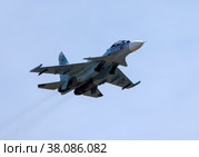 Moscow Russia Zhukovsky Airfield 25 July 2021: aerobatic Su-30 perfoming demonstration flight of the international aerospace salon MAKS-2021 (2020 год). Редакционное фото, фотограф Фотограф / Фотобанк Лори