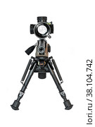 A sniper rifle with an optical sight under the bipod front view (2022 год). Редакционное фото, фотограф Camptoloma / Фотобанк Лори