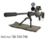 A sniper rifle with an optical sight under the bipod mat (2022 год). Редакционное фото, фотограф Camptoloma / Фотобанк Лори