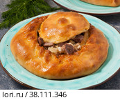 national Tatar pie Zur balish with meat and potatoes. Стоковое фото, фотограф Дмитрий Ульянов / Фотобанк Лори
