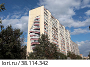 Мурал на фасаде здания в Железнодорожном город Балашиха (2022 год). Редакционное фото, фотограф Дмитрий Неумоин / Фотобанк Лори