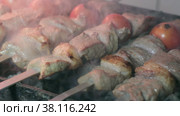 Close-up of lumpy kebab with tomato and ground kebab is grilled on the grill. Стоковое видео, видеограф Aleksey Kidisyuk / Фотобанк Лори