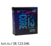 Maykop, Russia - November 12, 2018: intel core I3 desktop processor 8th gen in box on white background. Редакционное фото, фотограф Андрей С / Фотобанк Лори