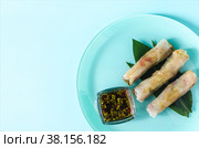Три спринг-ролла с начинкой из морепродуктов и темным соусом на светлой тарелке вид сверху. Стоковое фото, фотограф Лозовая Людмила / Фотобанк Лори