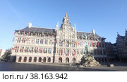 View of Brabo Fountain in front of Antwerp City Hall richly ornamented with heraldic symbols, sculptures and flags Belgium, Flanders and countries of European Union and United Nations on Grote Markt. Стоковое видео, видеограф Яков Филимонов / Фотобанк Лори