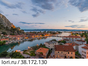 Omis Landscape at sunset. The city is lit by electricity. (2015 год). Стоковое фото, фотограф Михаил Аккуратoв / Фотобанк Лори
