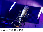 Close up of professional microphone in recording studio. Стоковое фото, фотограф Сергей Толмачёв / Фотобанк Лори