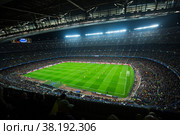 Football field and audience at stadium Nou Camp, Barcelona (2015 год). Редакционное фото, фотограф Яков Филимонов / Фотобанк Лори