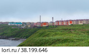 View of the town of Yuzhno-Kurilsk on the island of Kunashir (2022 год). Редакционное фото, фотограф Евгений Харитонов / Фотобанк Лори