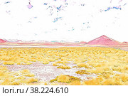 Colorado lagoon Eduardo Avaroa national Park. Landscape view Andes mountains on border Bolivia and Chile. Yellow dry vegetation and lake with pink flamingos. Copyright space for site. Стоковая иллюстрация, иллюстратор Aleksandr Golubev / Фотобанк Лори