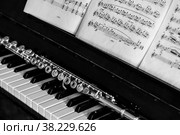Flute with piano. Flute on piano keys. Wind instrument for musical design of concert creativity. Стоковое фото, фотограф Aleksandr Golubev / Фотобанк Лори