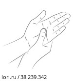 Self-massage of palms of hands, close-up. Human presses special points on palm to relieve headaches and other pains. Health and wellness acupressure manipulations. Alternative medicine, reflexology. Самомассаж ладоней рук, крупный план. Человек нажимает на специальные точки на ладони, чтобы облегчить головную и другие боли. Акупрессурные манипуляции для здоровья и хорошего самочувствия. Альтернативная медицина, рефлексотерапия. Стоковая иллюстрация, иллюстратор Dmitry Domashenko / Фотобанк Лори