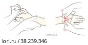 Hand massage, close-up. Physiotherapist presses special points on female palm to relieve headaches and other pains. Health and wellness acupressure manipulations. Alternative medicine, reflexology. Массаж рук, крупный план. Физиотерапевт нажимает на специальные точки на женской ладони, чтобы облегчить головную и другие боли. Акупрессурные манипуляции для здоровья и хорошего самочувствия. Альтернативная медицина, рефлексотерапия. Стоковая иллюстрация, иллюстратор Dmitry Domashenko / Фотобанк Лори
