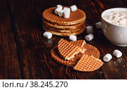 Syrup Waffles and Hot Cocoa with Marshmallow. Стоковое фото, фотограф Всеволод Белоусов / Фотобанк Лори