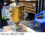 Samovars with a century-old history prepare tea in a rural teahouse in Kyrgyzstan. Стоковое фото, фотограф Сергей Фролов / Фотобанк Лори