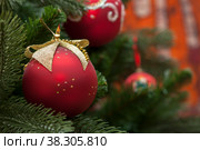 Closeup of red bauble hanging from a decorated Christmas tree. Стоковое фото, фотограф Константин Шашков / Фотобанк Лори