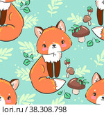 Hand drawn Foxes and mushrooms Woodland Seamless Pattern Childrens Print for T shirt Vector. Стоковая иллюстрация, иллюстратор Алсу Гиззатуллина / Фотобанк Лори