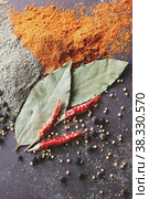 Pepper, bay leaves, kitchen spices. background. Стоковая иллюстрация, иллюстратор Ирина Кротова / Фотобанк Лори