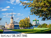 Kolomna view of the Cathedral and the wall of the convent with a lawn on a Sunny summer day with clouds in the sky horizontal frame. Стоковое фото, фотограф Оксана Медведева / Фотобанк Лори