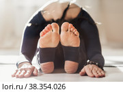 Женщина практикующая йогу, выполняет упражнение с наклоном вперед и касанием головы коленей, поза пашчимоттанасана. Стоковое фото, фотограф Сергей Чайко / Фотобанк Лори